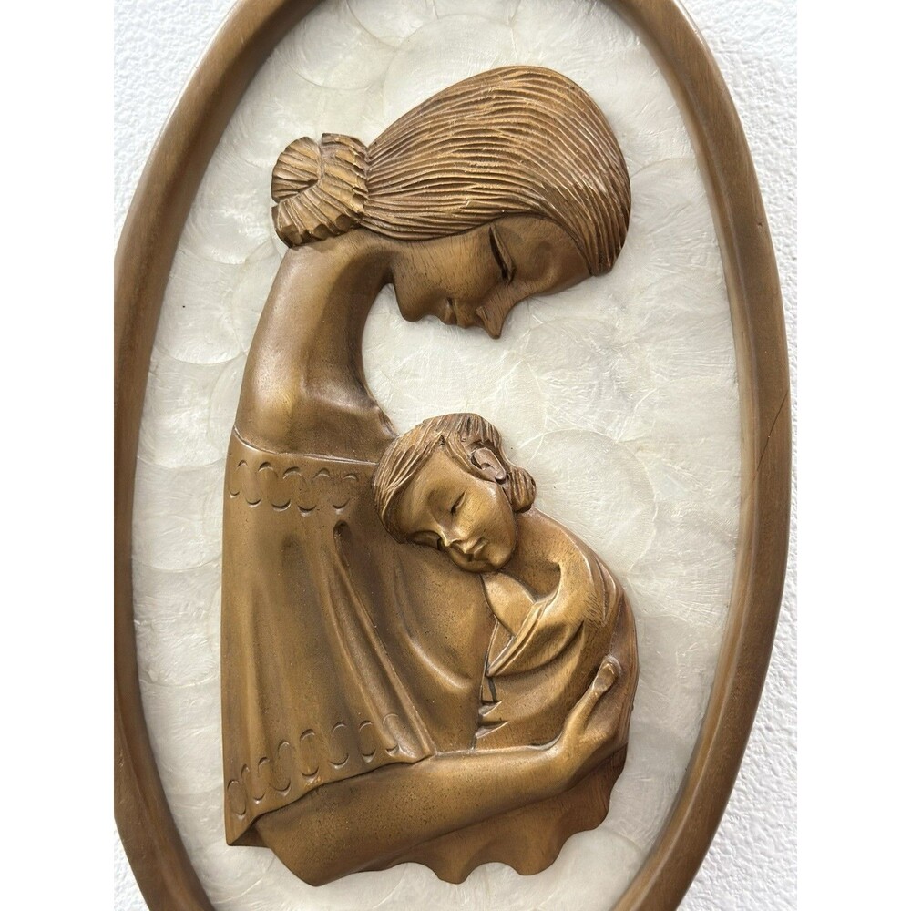 Capiz Shell Sculpture Carved Olive Wood Madonna & Child 3D Portrait